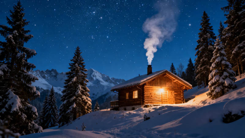 雪夜木屋 星辉伴炊烟图片