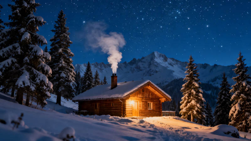 雪夜木屋 星光伴炊烟图片
