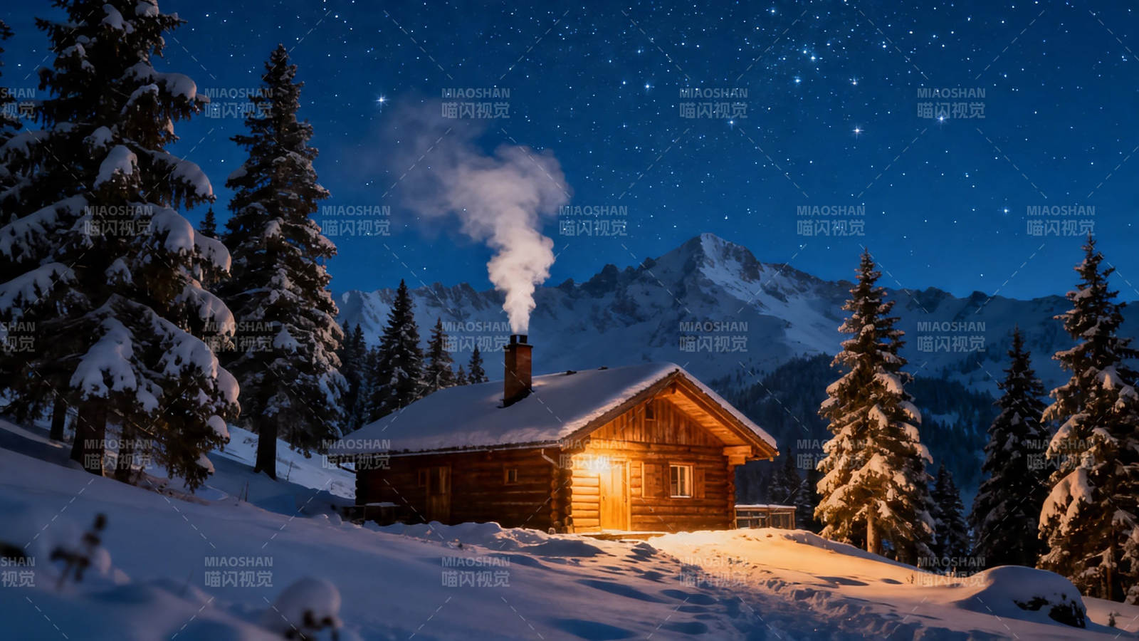 雪夜木屋 星光伴炊烟图片