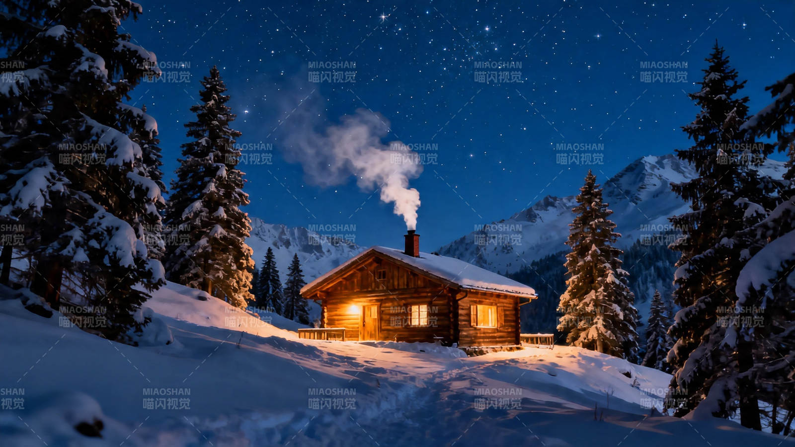 雪夜木屋 星光伴炊烟图片