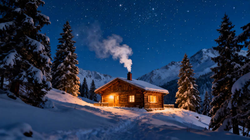 雪夜木屋 星光伴炊烟图片