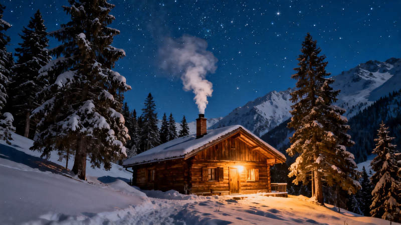 雪夜木屋 星辉伴炊烟图片