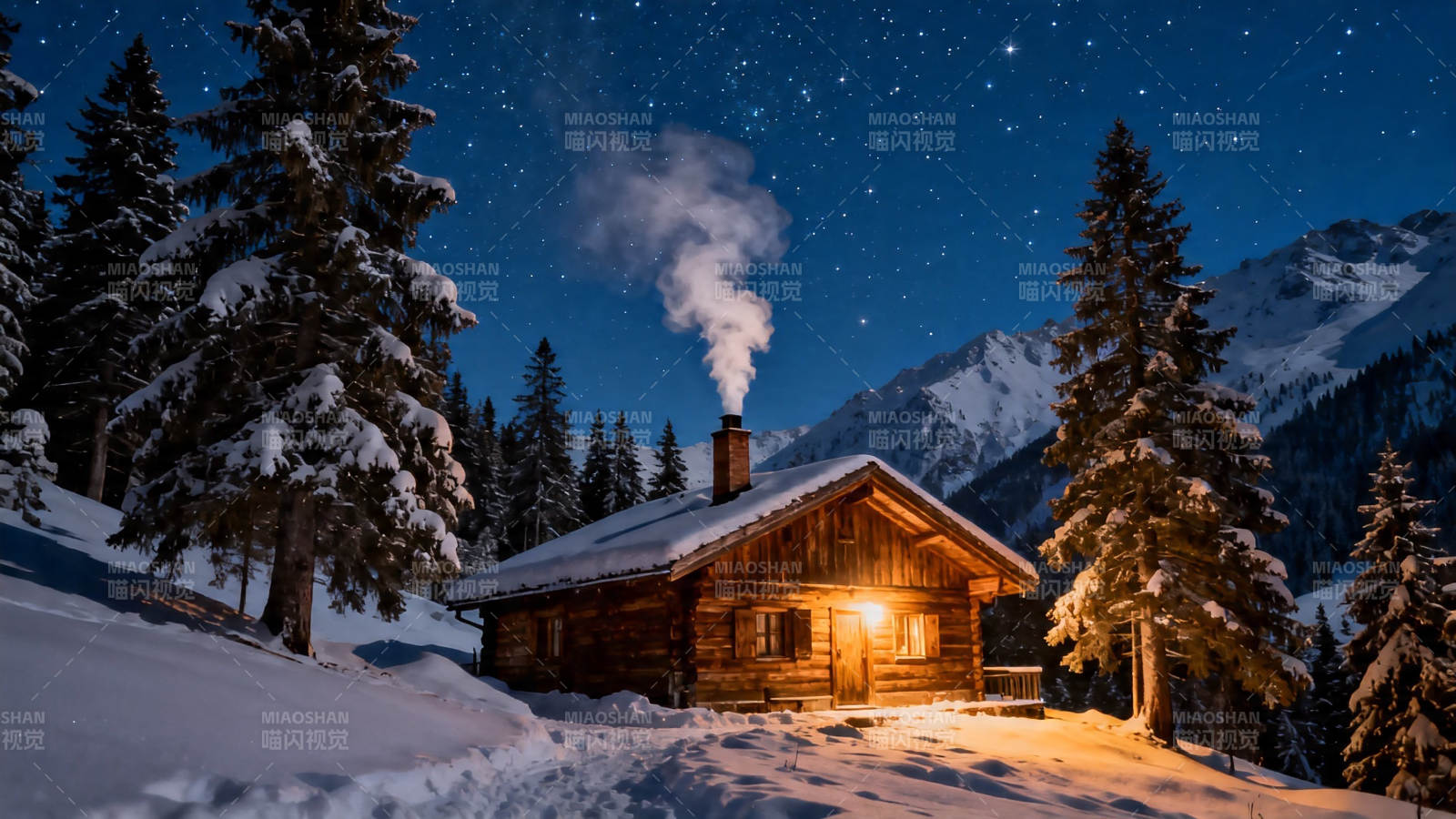 雪夜木屋 星辉伴炊烟图片