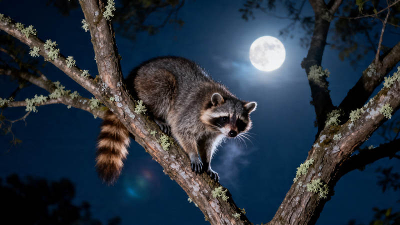 月夜树梢浣熊静望图片