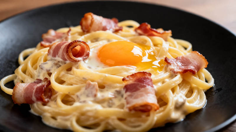 培根蛋黄意面 香浓诱人图片
