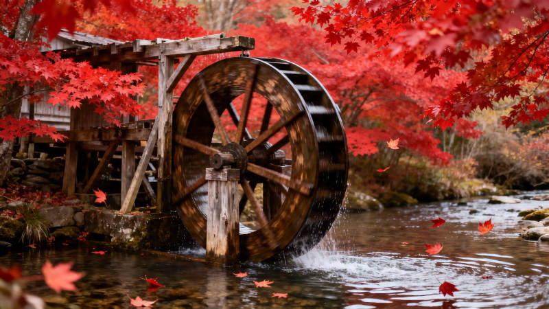红叶映水车 秋意浓如画图片