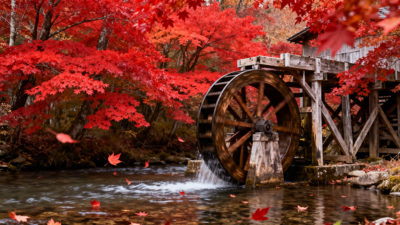 秋红水车映溪流图片