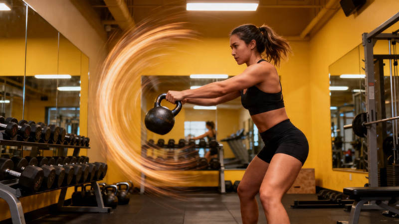 女子健身房挥壶铃燃脂训练图片
