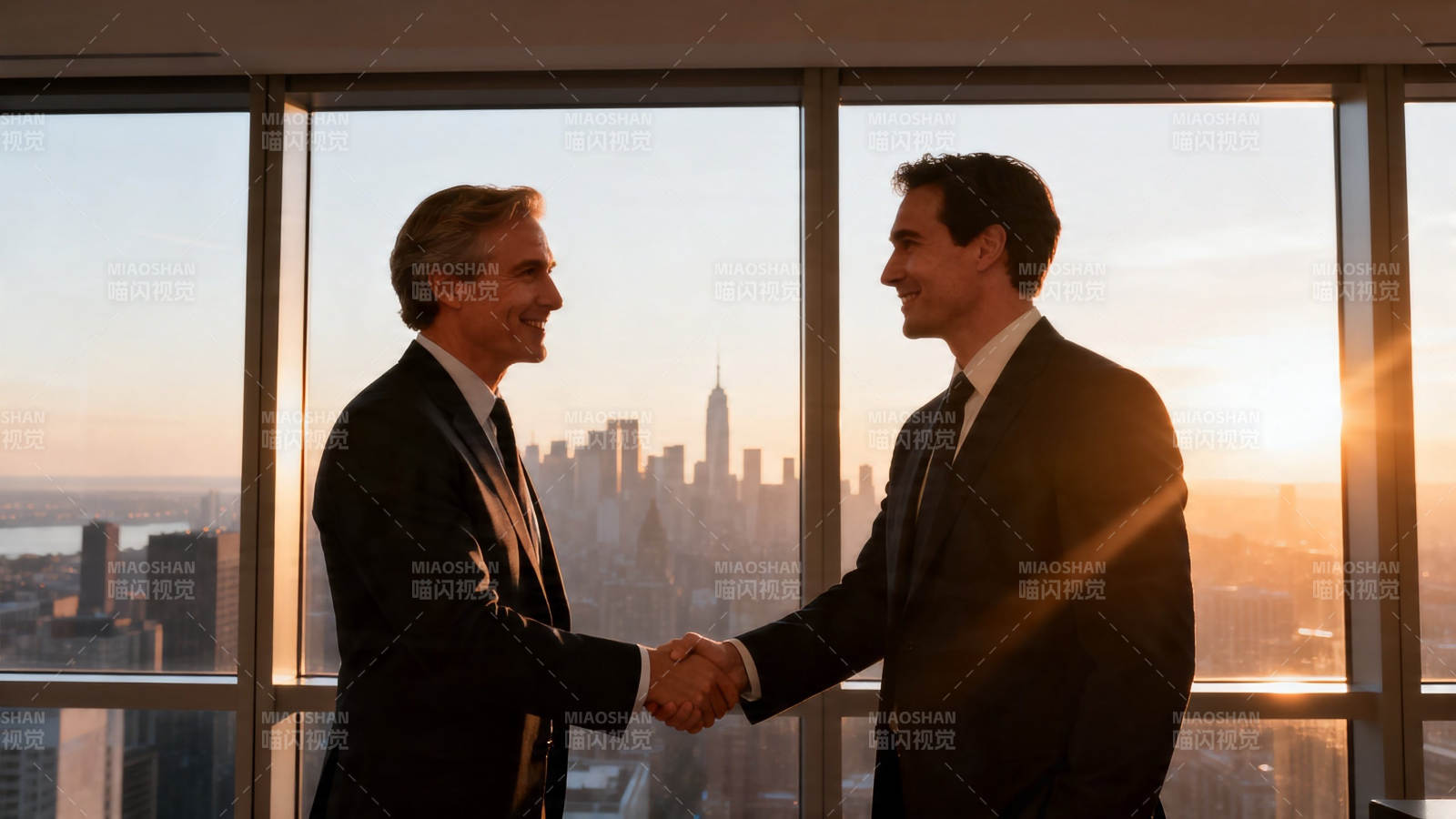 夕阳下握手 共筑城市未来图片