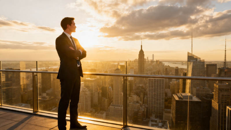 夕阳下 商界精英俯瞰都市图片