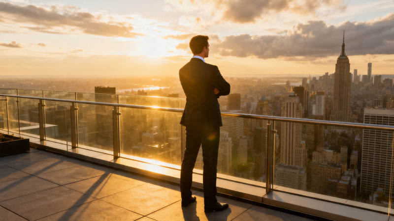 夕阳下 西装男眺望远方城市图片