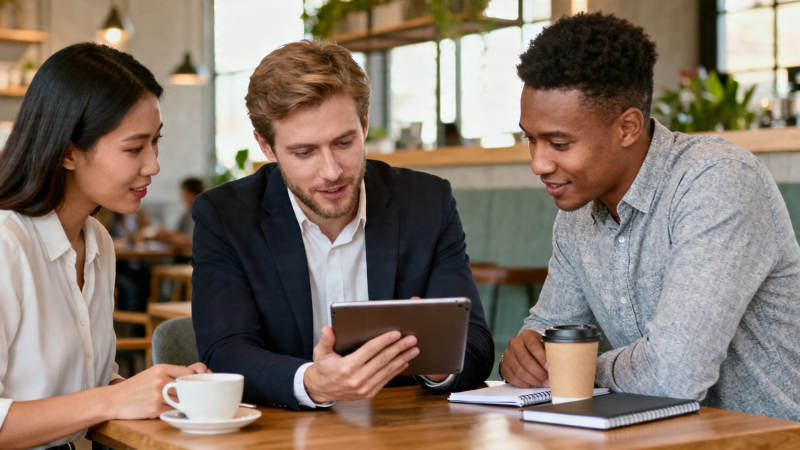 三人围桌看平板讨论图片