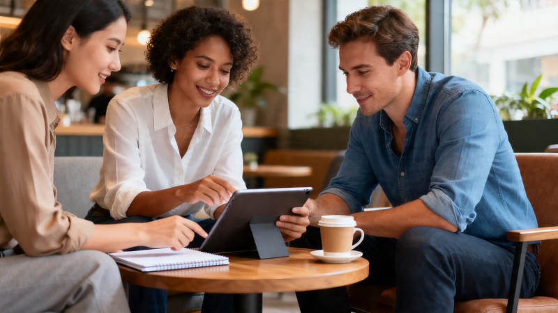 三人围桌看平板 轻松协作中图片