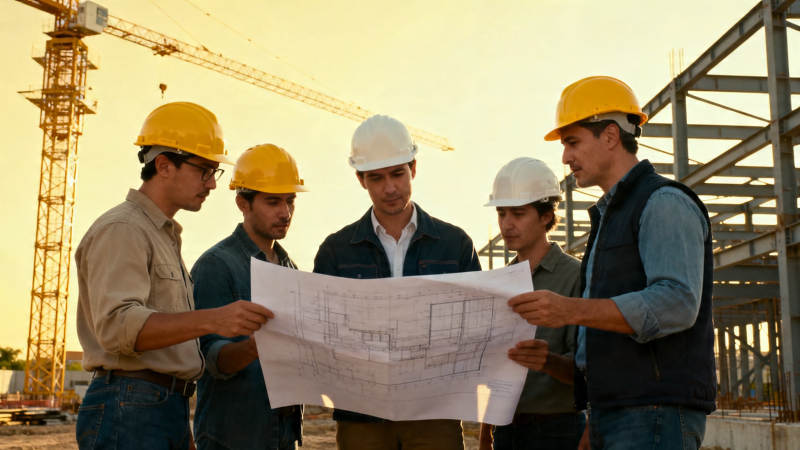 工地团队研讨蓝图方案图片