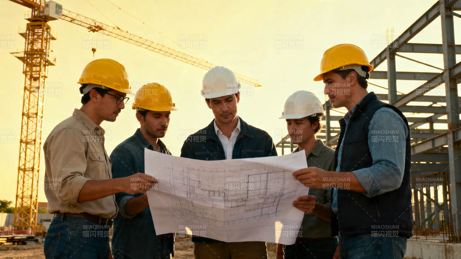 工地团队研讨蓝图方案图片