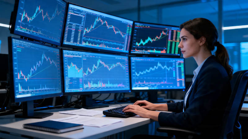 女交易员盯盘六屏行情图片