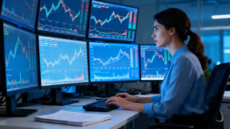 女交易员盯盘多屏行情图片