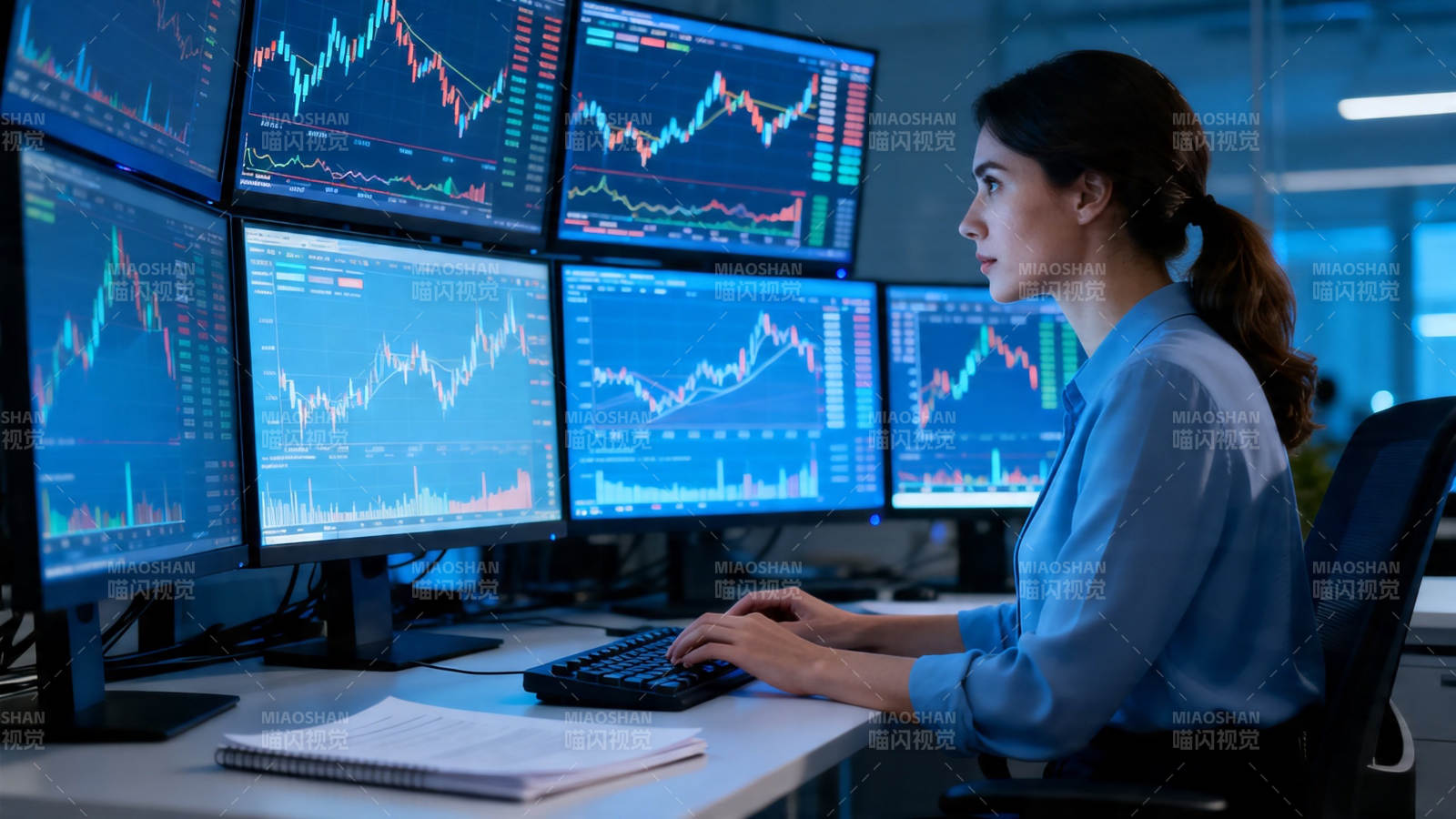 女交易员盯盘多屏行情图片