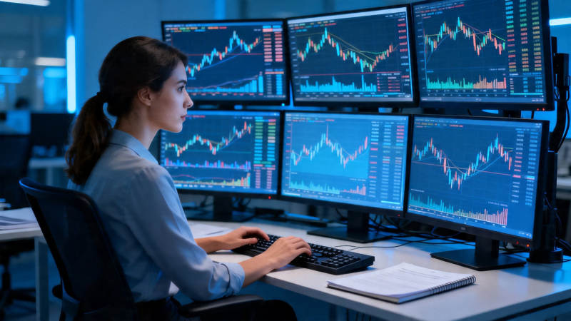 六屏盯盘 女交易员专注中图片