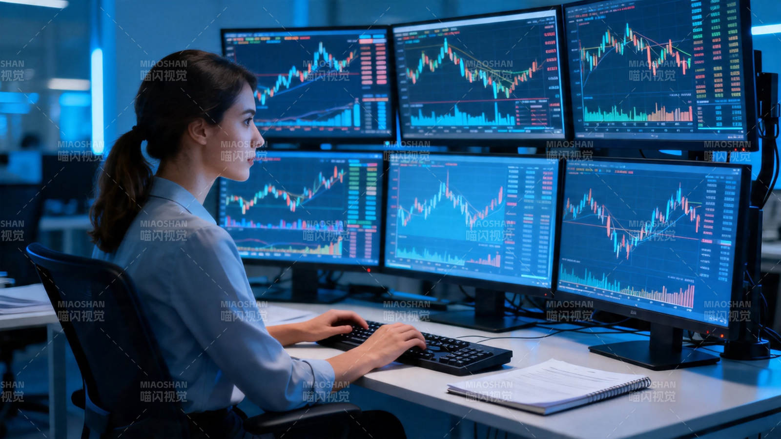 六屏盯盘 女交易员专注中图片