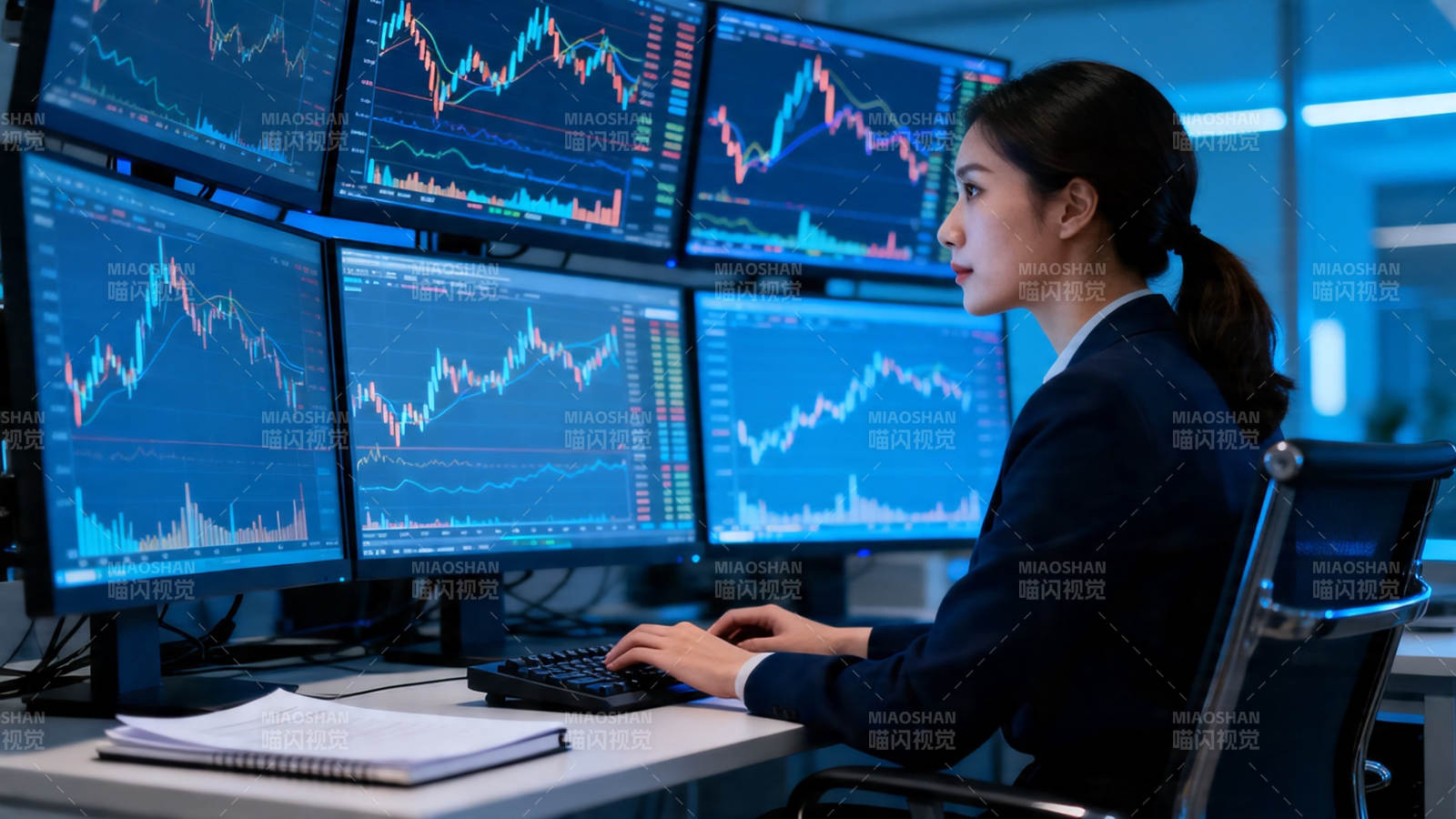 金融女分析师盯盘六屏图片