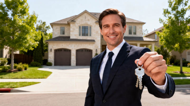 西装男持钥匙 豪宅前微笑图片