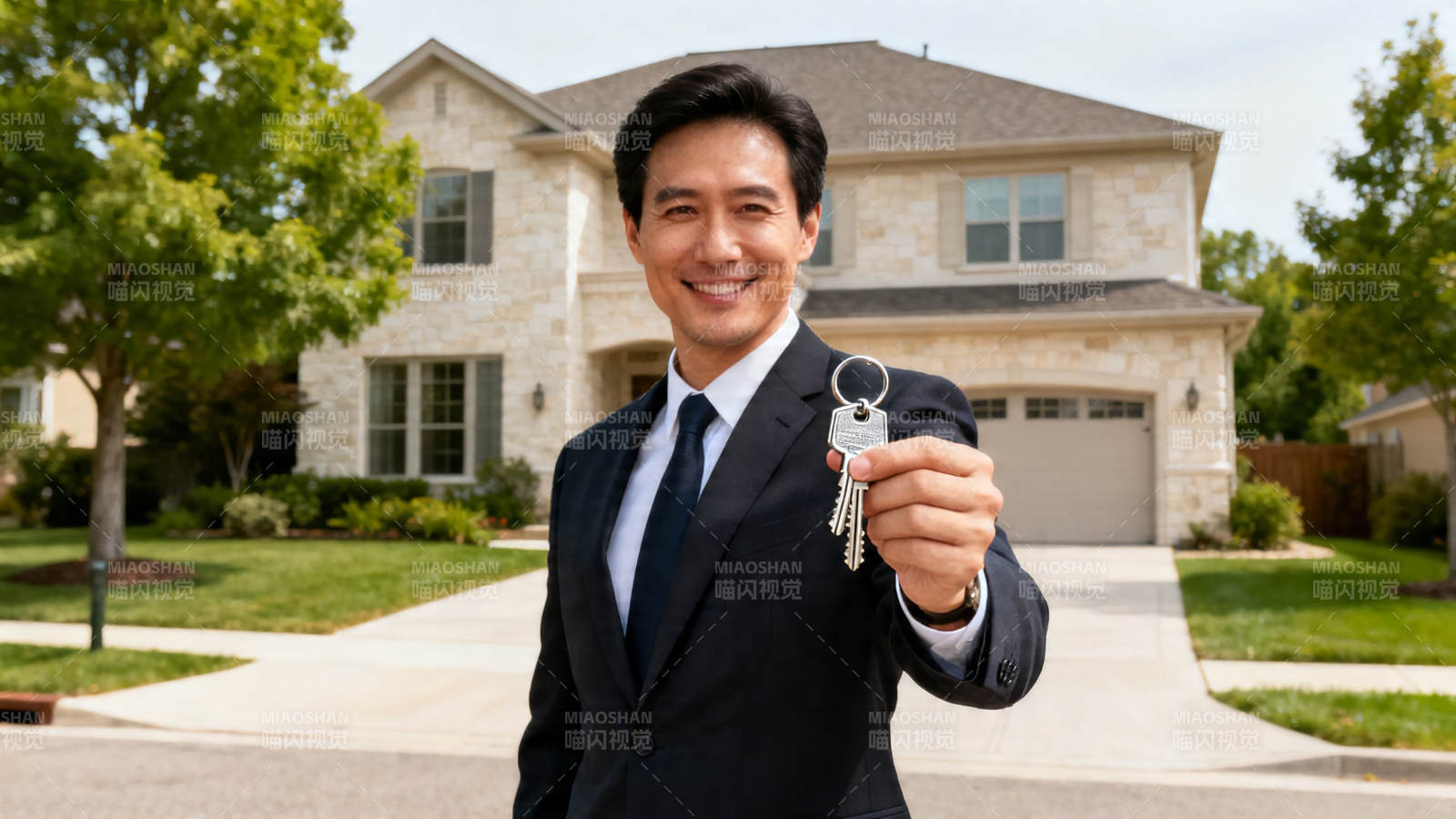 西装男持钥匙 新房前微笑图片