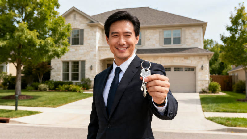 西装男持钥匙 新房前微笑图片