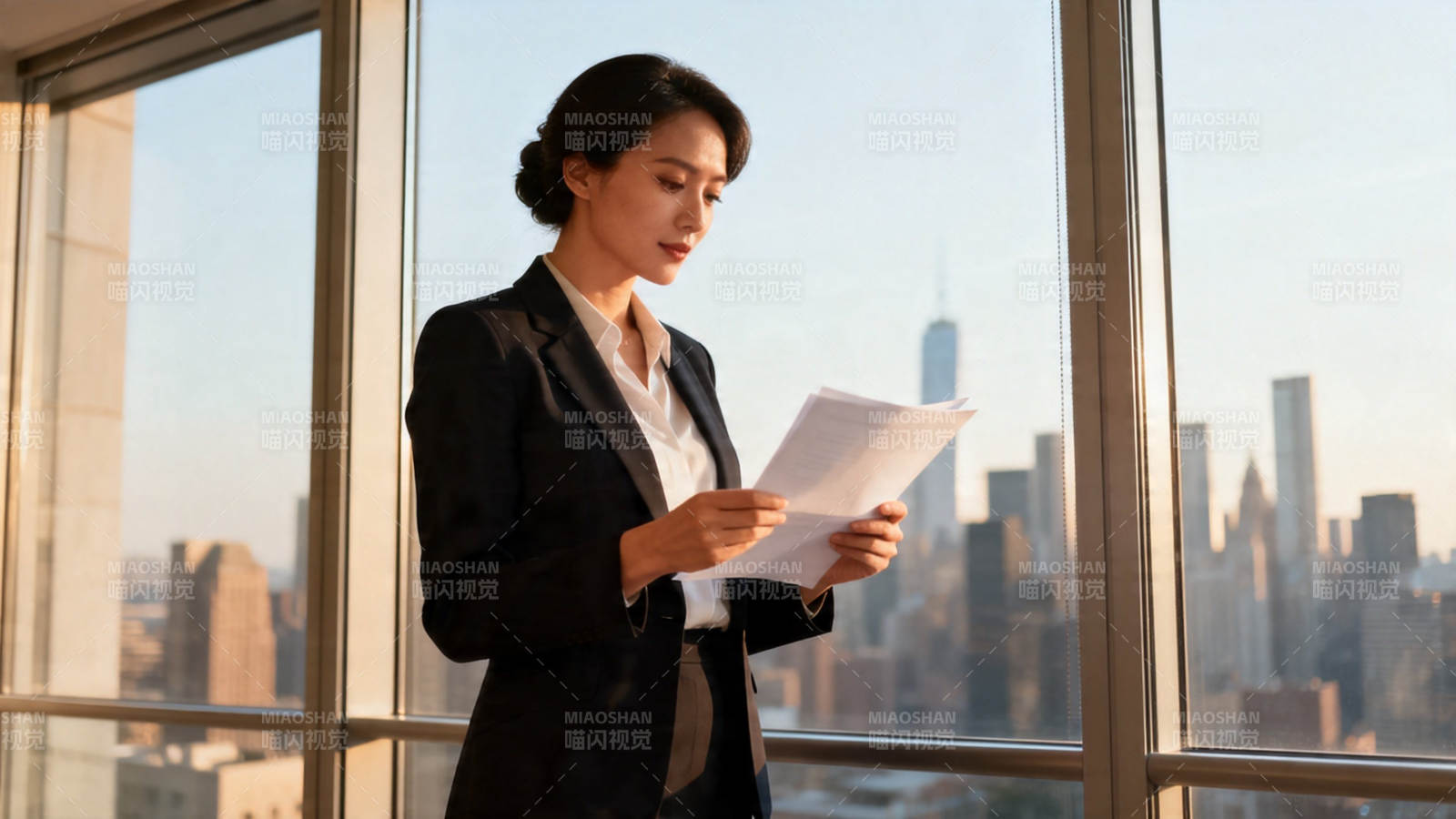 窗边女白领审阅文件图片