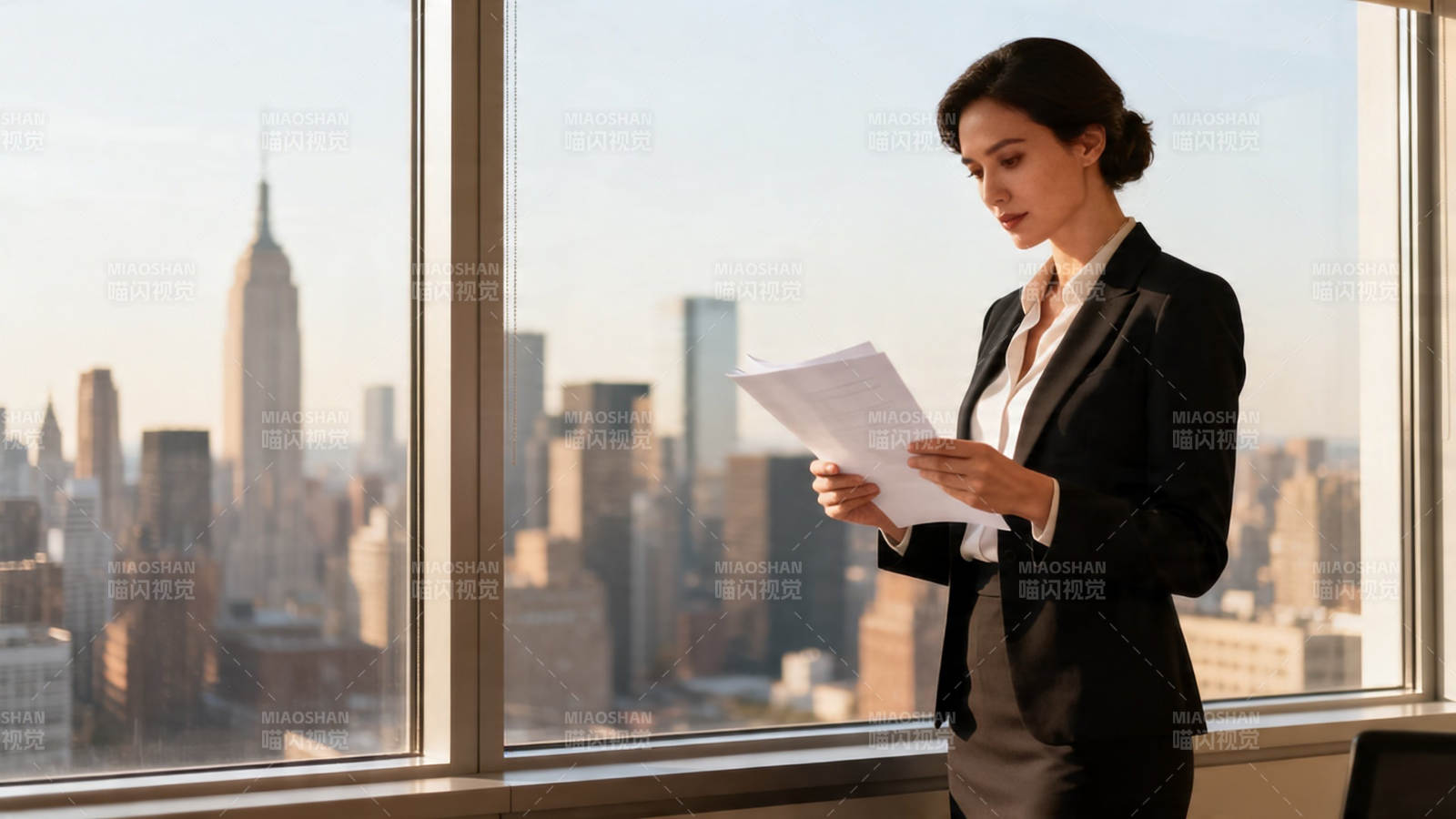 窗边女强人阅文件图片