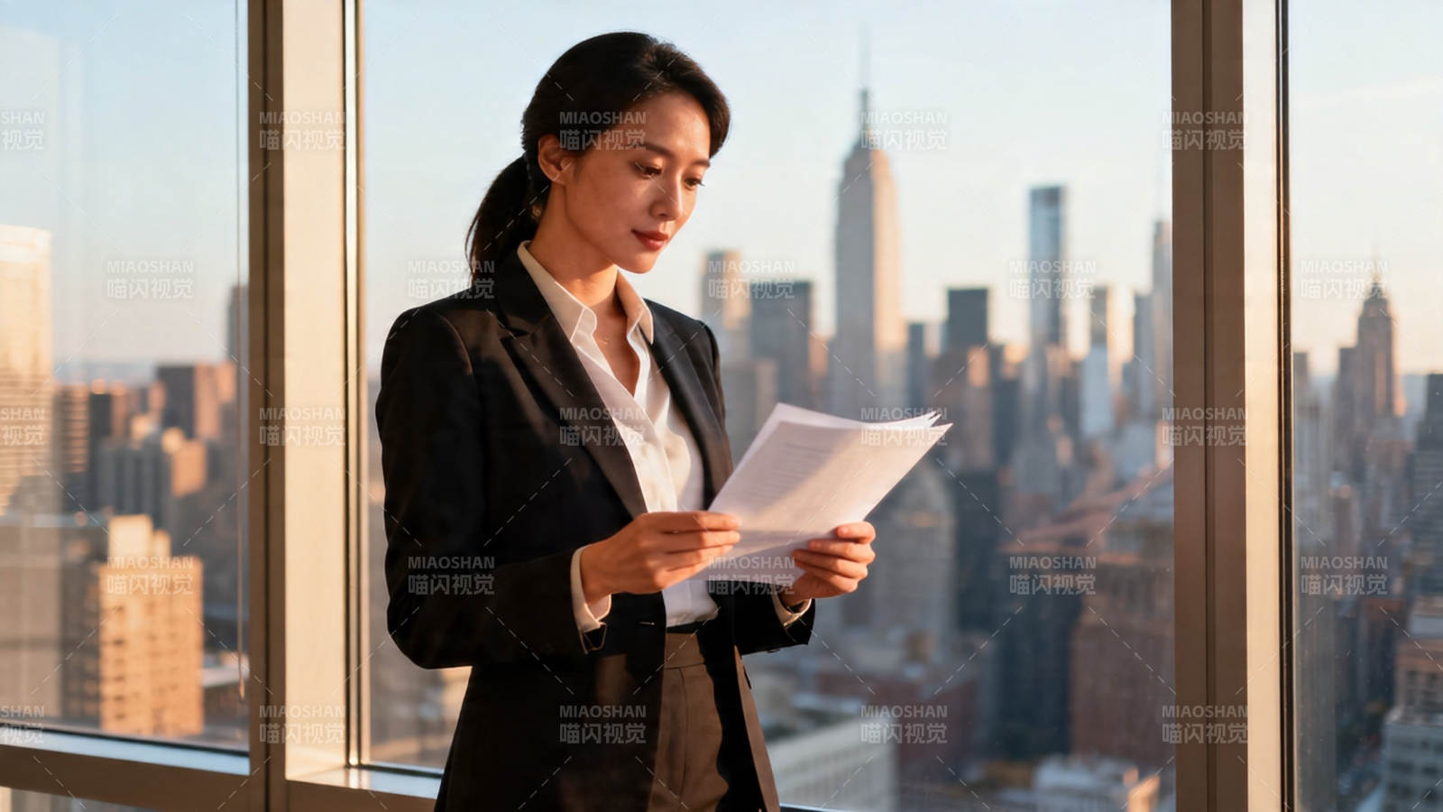 窗边女白领阅文件 城景为背景图片