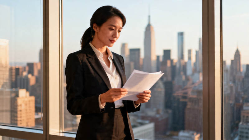 窗边女白领阅文件 城景为背景图片