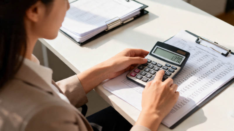 女子办公桌上用计算器算账图片