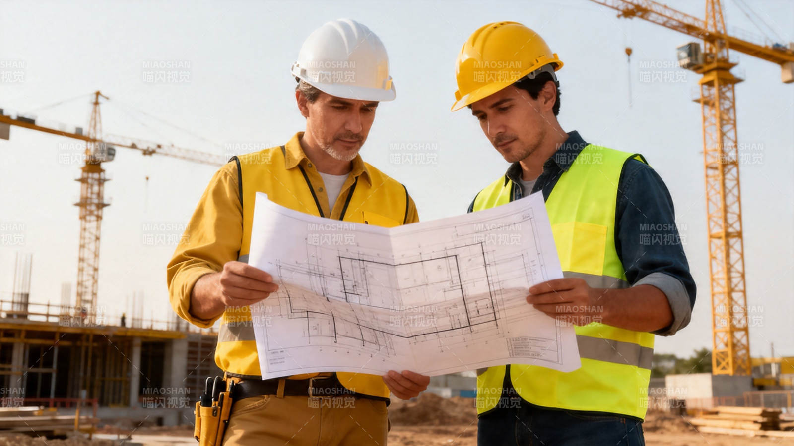 工地两人审图纸图片