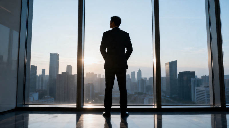 商界精英俯瞰城市晨曦图片