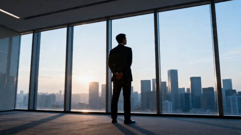 商界精英俯瞰城市晨曦图片