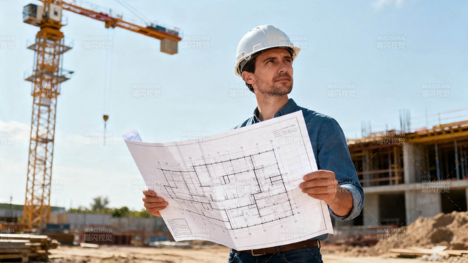 工地工程师审阅蓝图图片