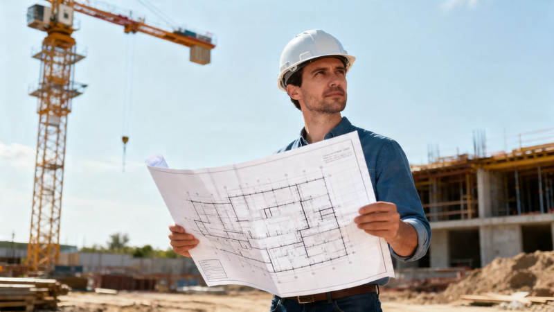 工地工程师审阅蓝图图片