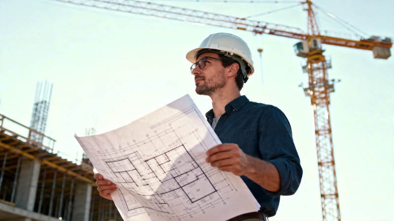 工地工程师查看蓝图图片