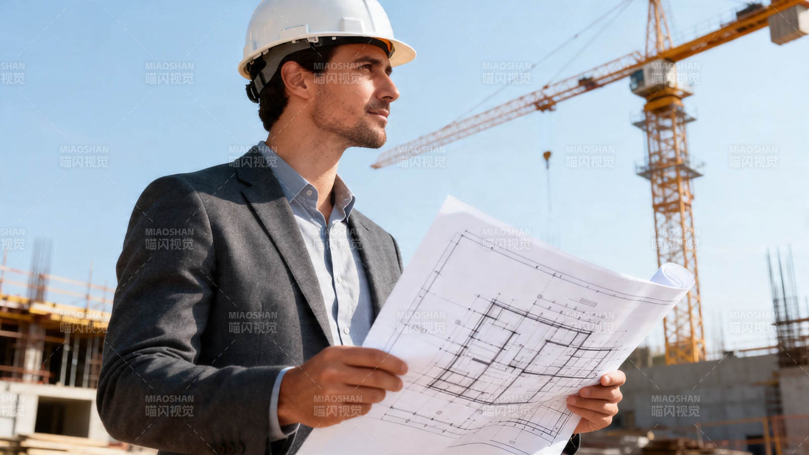 工地上的建筑师审阅图纸图片