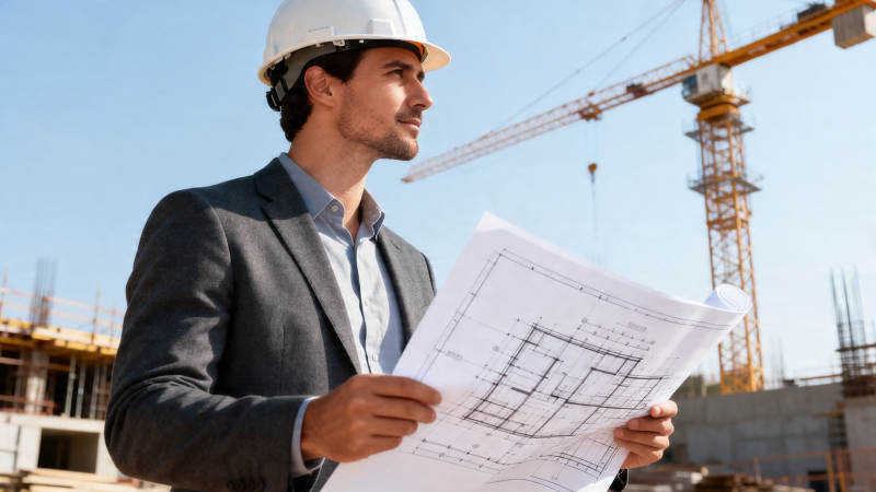 工地上的建筑师审阅图纸图片