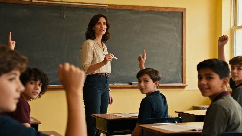 课堂举手互动 老师微笑引导图片