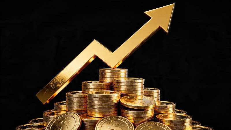 金币堆叠 金箭上扬象征增长图片