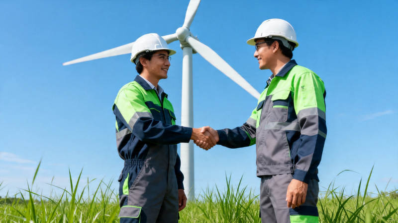 风电场工人握手合作图片