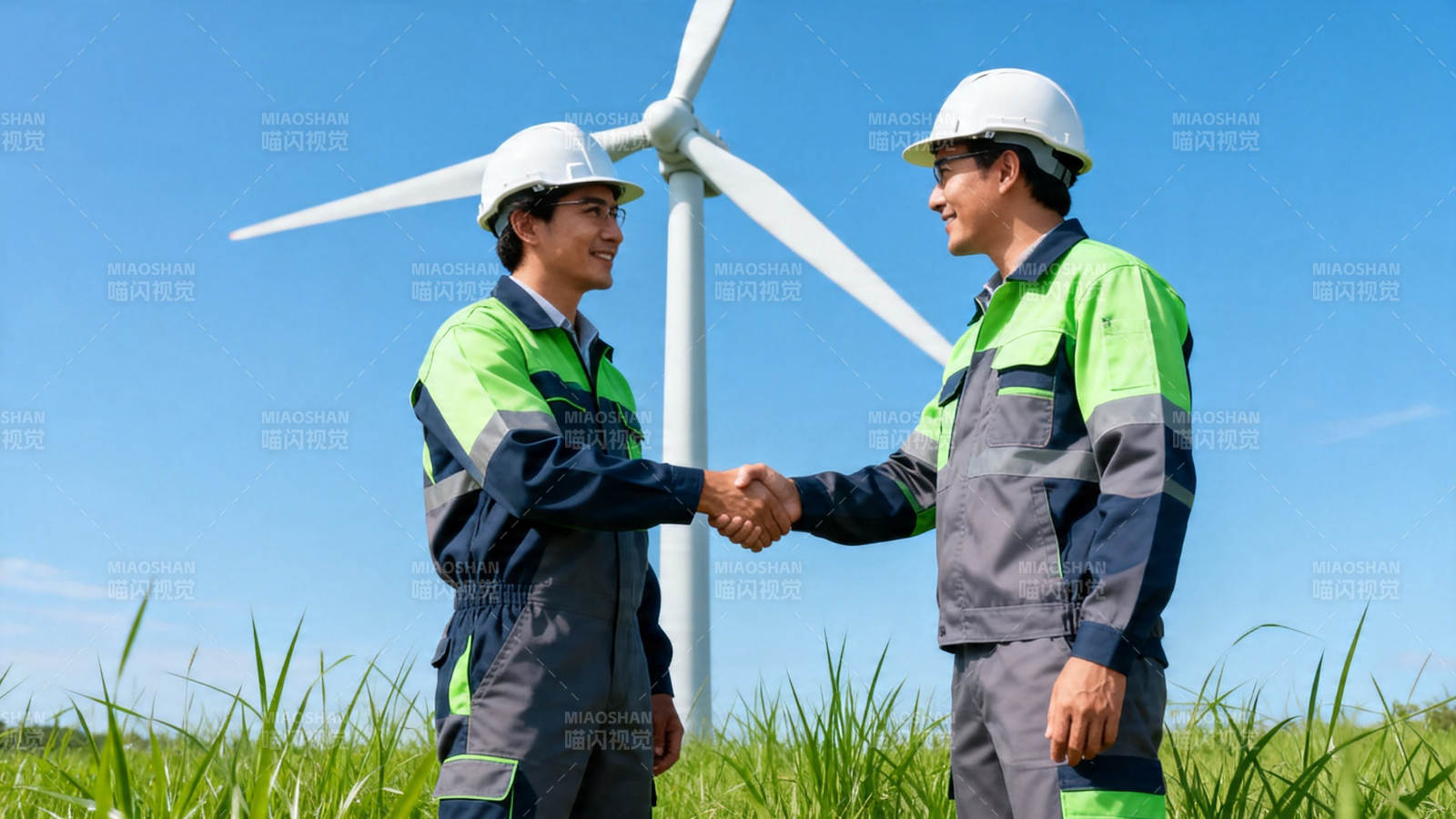 风电场工人握手合作图片
