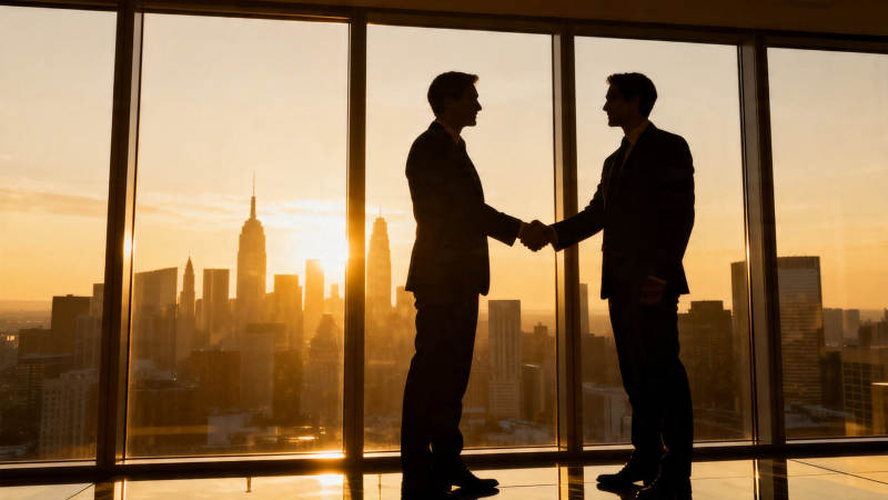 夕阳下的握手合作图片