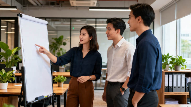 职场三人白板讨论中图片