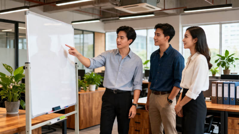 白板前三人讨论方案图片