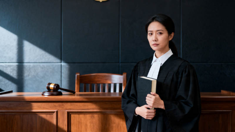 法庭上的女法官持书凝视图片