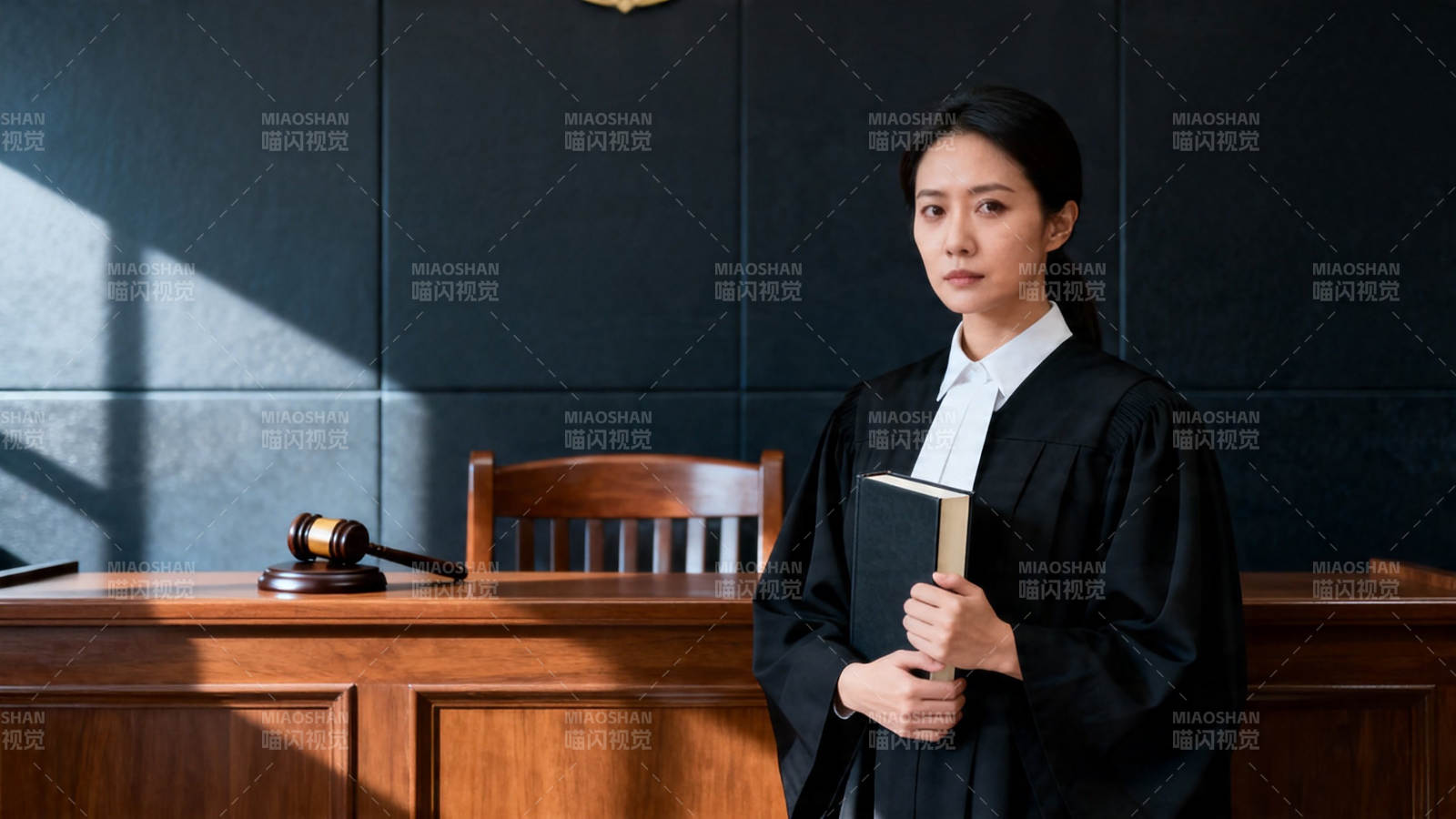 法庭上的女法官持书凝视图片